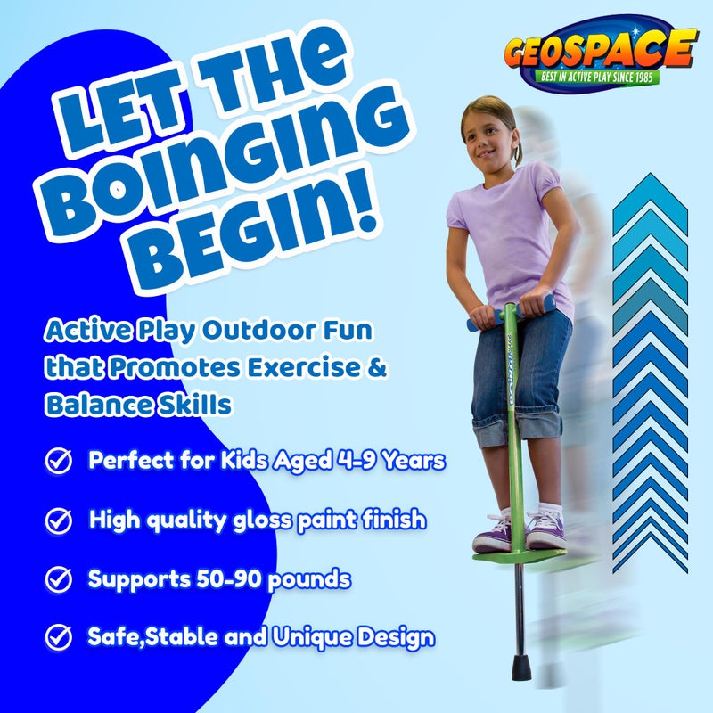 Geospace Jumparoo BOING! JR. Steel POGO STICK by Air Kicks, Small for Kids 50 to 90 Lbs - Active Play Outdoor Fun that Promotes Exercise & Balance Skills (Green) - Image 3